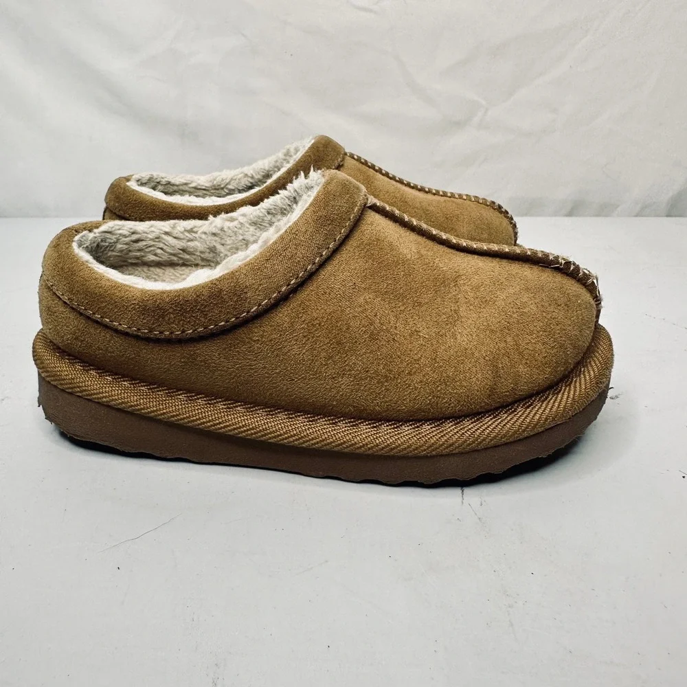 Toddler Kids Chestnut Brown Faux Fur Lined Suede Clog Slippers Size 8